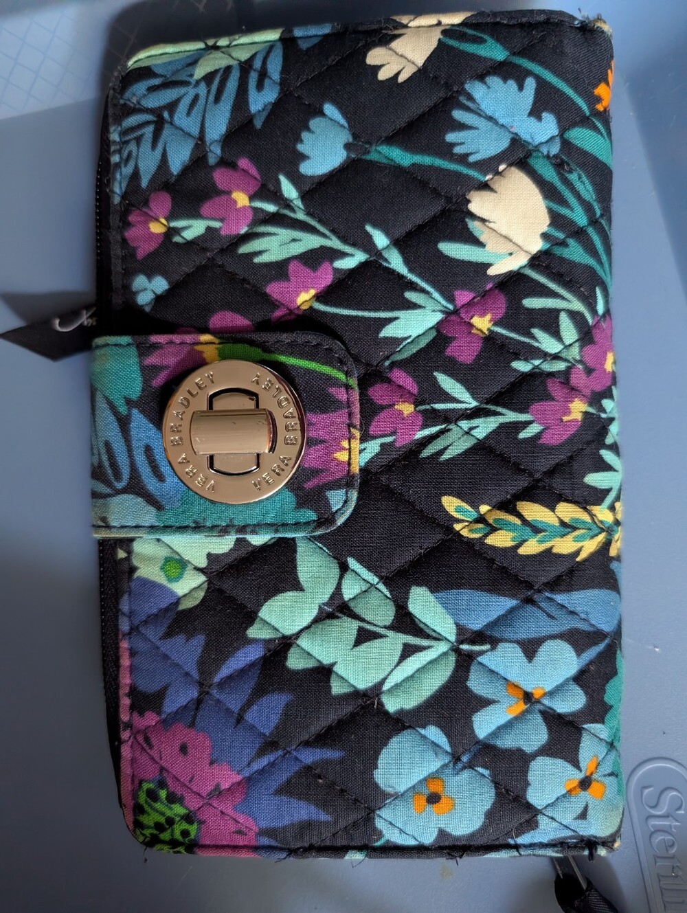 Vera Bradley Large Turnlock Wallet, "Midnight Blues" Blue Floral Pattern